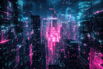 Poster - Neon cityscape with skyscrapers illuminated in pink and blue, creating a futuristic, cyberpunk atmosphere and a sense of dynamic energy.