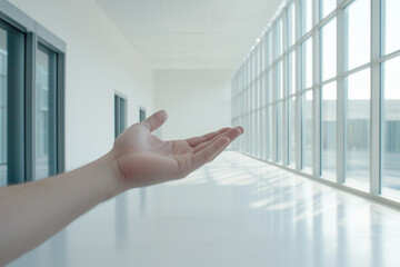 Poster - hand extends towards camera in bright, modern hallway with large windows
