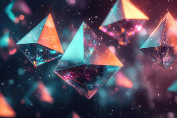 Poster - Abstract pyramids float against a starry backdrop, refracting light in vibrant orange, teal, and magenta hues.