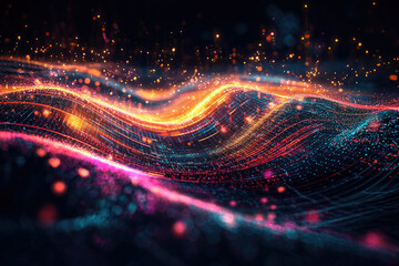 Poster - Abstract digital landscape with glowing waves, featuring vibrant colors and bokeh effects, showcasing a futuristic and dynamic design.