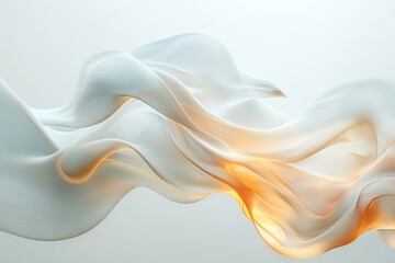 Poster - Abstract digital art featuring flowing, translucent white fabric with a warm, glowing golden light emanating from within, set against a soft white background.