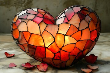 An abstract heart shaped object comprised of individual translucent pieces is positioned on a patterned surface, accompanied by several small heart shaped adornments.