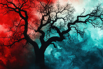 Poster - A stark black tree silhouette against a vibrant background split between fiery red and cool, calming blue swirls and shades.