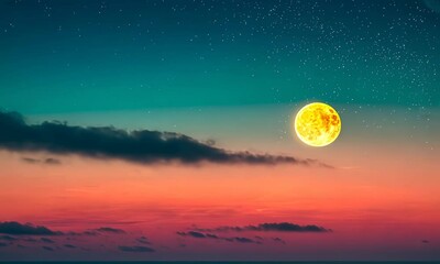 a vibrant and surreal night sky featuring a glowing moon and scattered stars above the horizon.