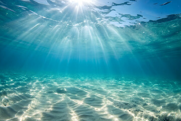 azul turquesa water with sun rays shining through clear ocean surface underwater