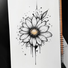 Poster - Elegant Daisy Sketch with Ink Splatters: A Beautiful Floral Illustration on White Paper Displaying Artistic Style