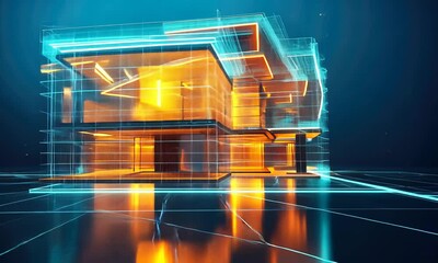 Wall Mural - A digital rendering of a modern house, displaying architectural structure with neon highlights.