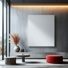 Poster - modern interior featuring minimalist design with large white canvas on wall, round red ottoman, wooden coffee table, and decorative plants. space exudes tranquility and elegance