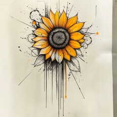 Aufkleber - Radiant Sunflower: An Ink and Watercolor Fusion, A striking depiction of beauty, blending floral elegance with artistic flair.
