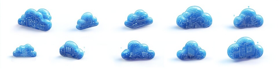 Cloud icons set, various perspectives,  isolated on white background.  Use digital, web design, app interface