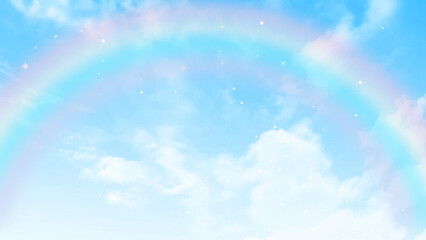 Aufkleber - Beautiful blue sky with white clouds and rainbow effect. Vector illustration.