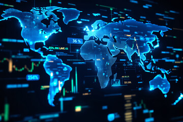 futuristic digital world map with glowing data points and graphs, high-tech style, on a dark backgro