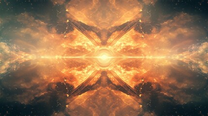 surreal celestial nebula with glowing center and symmetrical mirrored reflection