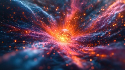 glowing sphere erupting energy, cosmic nebula background, digital art, abstract