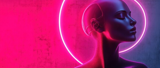 Wall Mural - futuristic woman with neon halo in cyberpunk style, showcasing artificial intelligence and advanced 