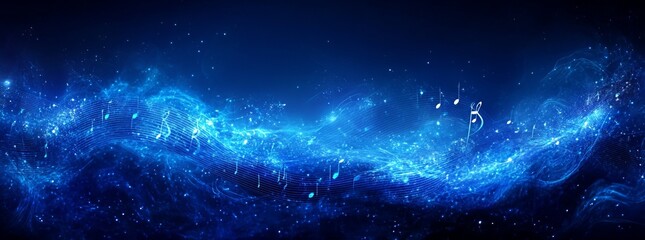 Sticker - a blue wave with stars and notes floating in the sky. vector music note on a dark blue background, v