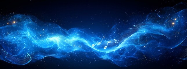 Wall Mural - a blue wave with stars and dots in the background. vector music note on a dark blue background, vect