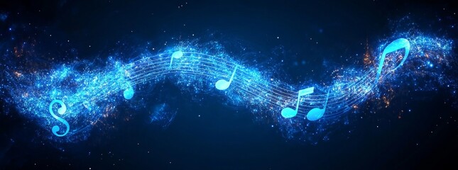 Wall Mural - a blue wave of music notes with a dark background. vector music note on a dark blue background, vect