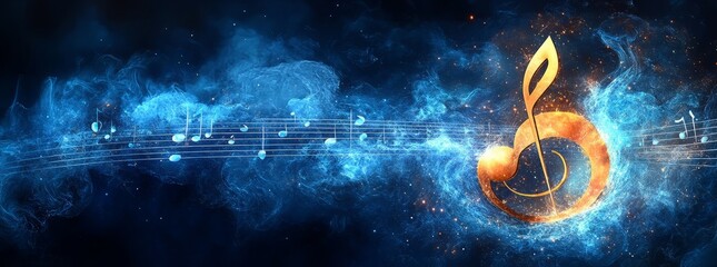 Wall Mural - a blue background with a yellow musical note on it. vector music note on a dark blue background, vec