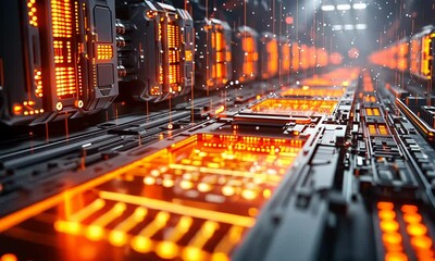 Wall Mural - Futuristic cityscape with glowing circuits and technological infrastructure, bathed in fiery orange light.