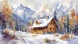 © ANUPONG WANSUKH - Watercolor painting of a snowy cabin in the mountains surrounded by a winter landscape with trees and a serene atmosphere