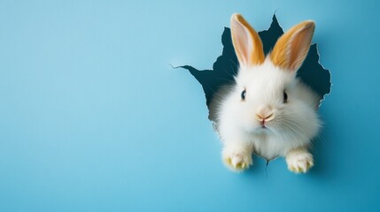 white rabbit with a unique black hole in its ear sitting in a natural setting outdoors