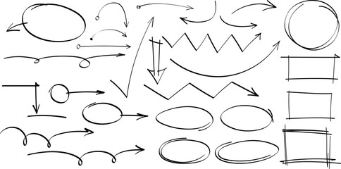 Leinwandbilder - Hand drawn arrows, highlight, text underline strokes and emphasis marks. Set of Sketches of arrows, ellipse, rectangle, oval and mark. Collection of vector doodle elements and shapes for notes