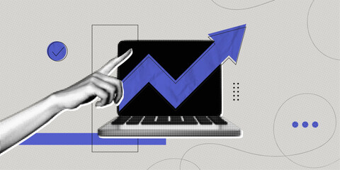 trendy halftone collage business and investment growth concept. hand holding up arrow. interest rate