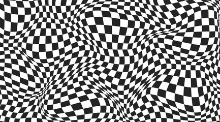 Checkerboard background. Warped wavy pattern with geometric graphic. Abstract chess square surface. Checkered psychedelic optical illusion print. Y2k design for banner. Vector illustration