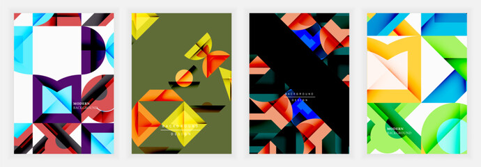 Fototapete - Modern abstract posters with angular geometric shapes in vibrant red, green, blue, yellow, and orange tones layered on light and dark backgrounds with bold contrast