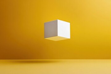 Fototapete - Floating white cube against a yellow background inspires creativity and minimalism in modern design projects