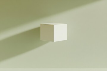 Aufkleber - Minimalist white cube suspended on a pale green background casting soft shadows