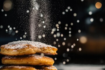 Aufkleber - Delicious stack of fluffy pancakes being dusted with powdered sugar in a cozy kitchen setting