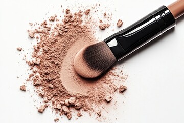 Poster - Makeup brush resting on loose powder with a soft texture on a light background