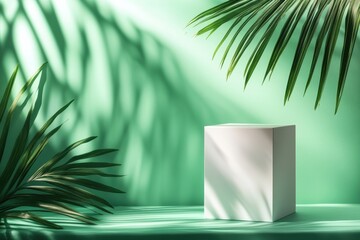 Poster - Minimalist display setup with a white cube and tropical leaves against a green background during daylight
