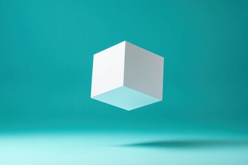 Fototapete - Floating white cube on teal background with soft shadows in a minimalist design setting