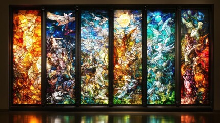 large stained glass window depicting scenes of the cosmos and celestial beings. vivid colors and int