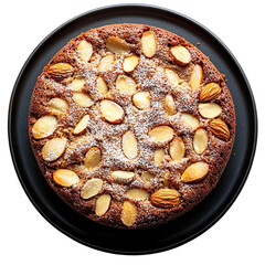 Wall Mural - Top view of a delicious looking Almond Cake on a dark plate isolated on a white transparent background