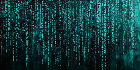 Abstract teal digital code cascading down a dark background, suggesting data flow, technology, or a futuristic digital landscape