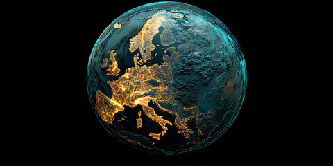 Wall Mural - stylized earth globe, dark teal and orange hues, showcasing europe's illuminated cities representing