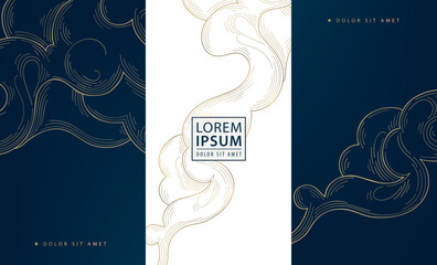 Wall Mural - vector set of line cloud golden patterns, chinese, japanese wave smoke textures, asian curve cards. 