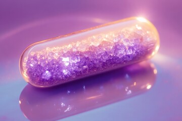 Aufkleber - Colorful crystal capsule resting on a reflective surface with purple hues and soft lighting