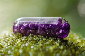 Poster - Bright purple capsule filled with sparkling crystals resting on a textured green surface in natural lighting