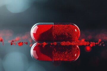 Fototapete - Bright red capsule with powder on a reflective surface in a dark setting