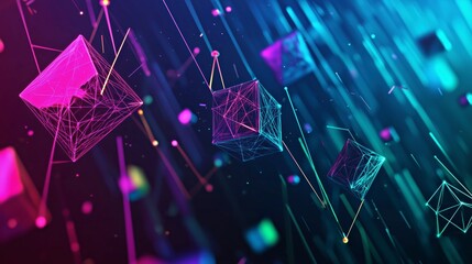 Wall Mural - 3d cubes with neon wireframe design, futuristic abstract digital art, vibrant colors of purple, blue