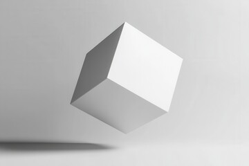 Fototapete - Floating white cube in minimalistic studio setting with soft shadows on gray background