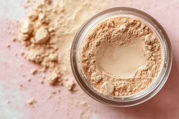 Poster - Close-up view of loose powder in a clear container on a pink surface with some powder spilled around