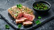 © Jack - Grilled tuna steak with sesame crust, sliced open to reveal pink center, sharp details of toasted sesame seeds and seared edges, served with soy dipping sauce