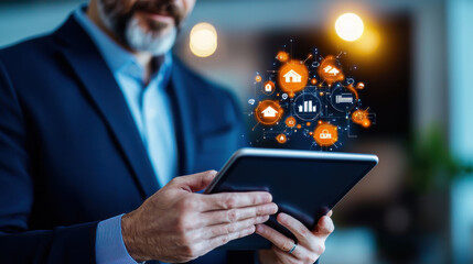 Poster - professional holding tablet with digital icons representing smart home technology and data analytics, glowing in modern office setting