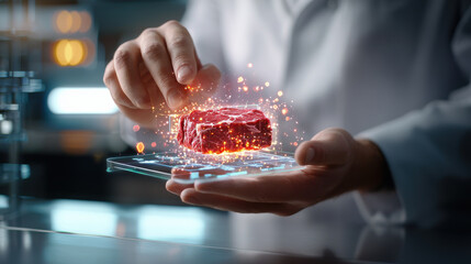 Fototapete - scientist in lab coat examines piece of beef on transparent digital interface, surrounded by glowing data points, symbolizing high tech food analysis